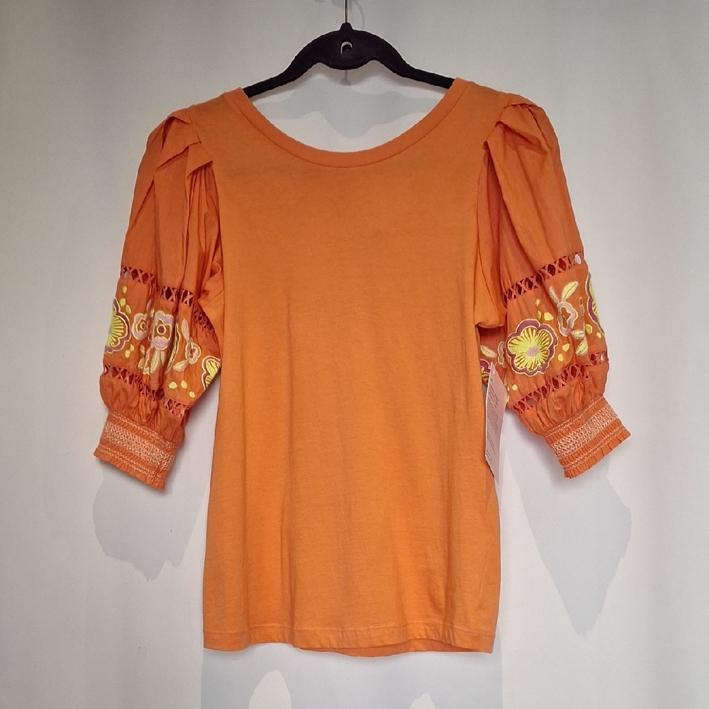 Alivia Orange Embroidered Short Puff-Sleeve Women's Top Size M